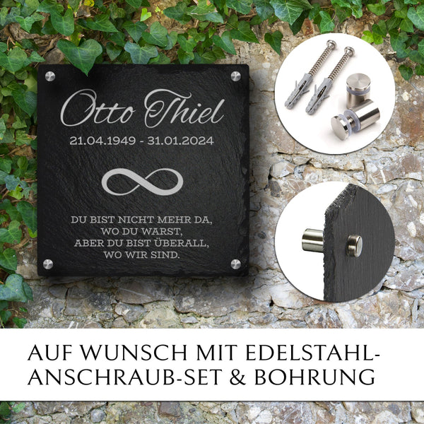 Schiefer-Grabplatte mit Unendlichkeit Symbol zur Befestigung an Grabstein von MEMORIAM Gedenktafeln.