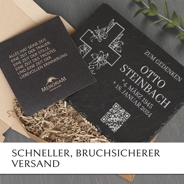 Laden Sie das Bild in den Galerie-Viewer, Gedenkstein Tafel inkl. QR Code Gravur günstig online bestellen | MEMORIAM Gedenktafeln