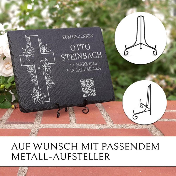 Laden Sie das Bild in den Galerie-Viewer, Gedenkstein Tafel mit memorio QR-Code, Kreuz & Text Gravur von MEMORIAM Gedenktafeln
