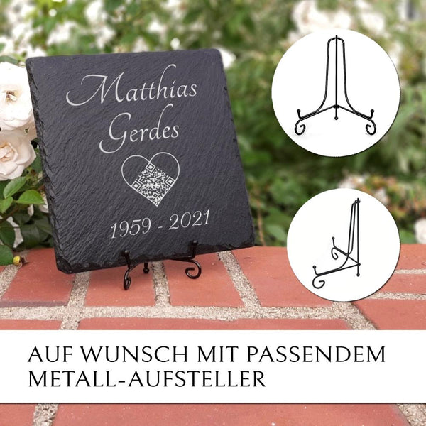 Laden Sie das Bild in den Galerie-Viewer, Gedenktafel mit memorio QR-Code, Herz & Text Gravur von MEMORIAM Gedenktafeln