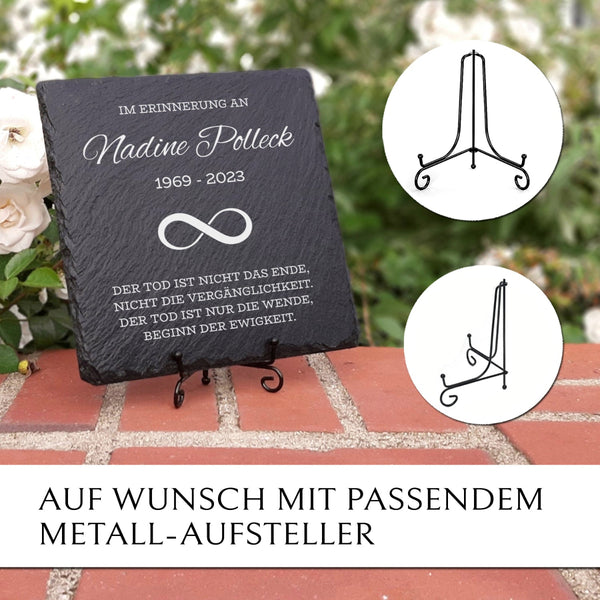 Kleine Grabplatte aus Schiefer mit Unendlichkeit Symbol und Beschriftung von MEMORIAM Gedenktafeln.