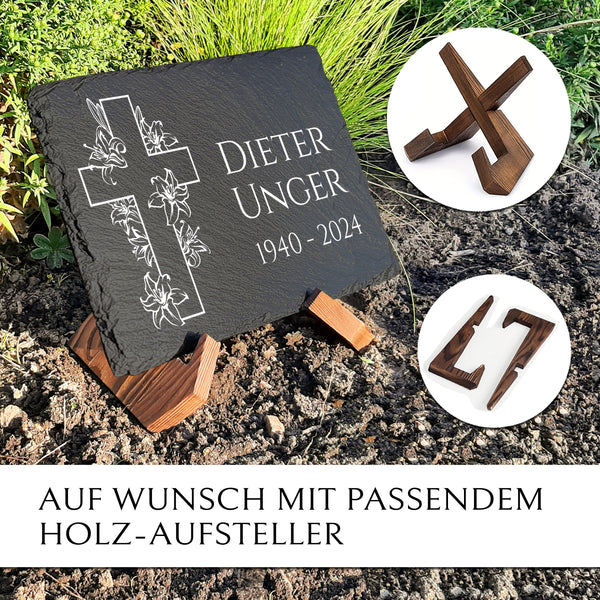 Laden Sie das Bild in den Galerie-Viewer, Grab Gedenktafel 30x40 cm mit Kreuz & Beschriftung von MEMORIAM.