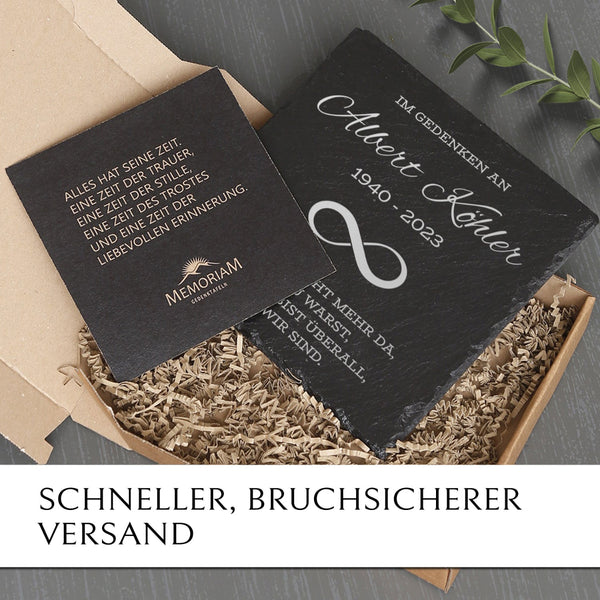 Günstige Grabplatte aus Schiefer inkl. Unendlichkeitszeichen online bestellen bei MEMORIAM Gedenktafeln.