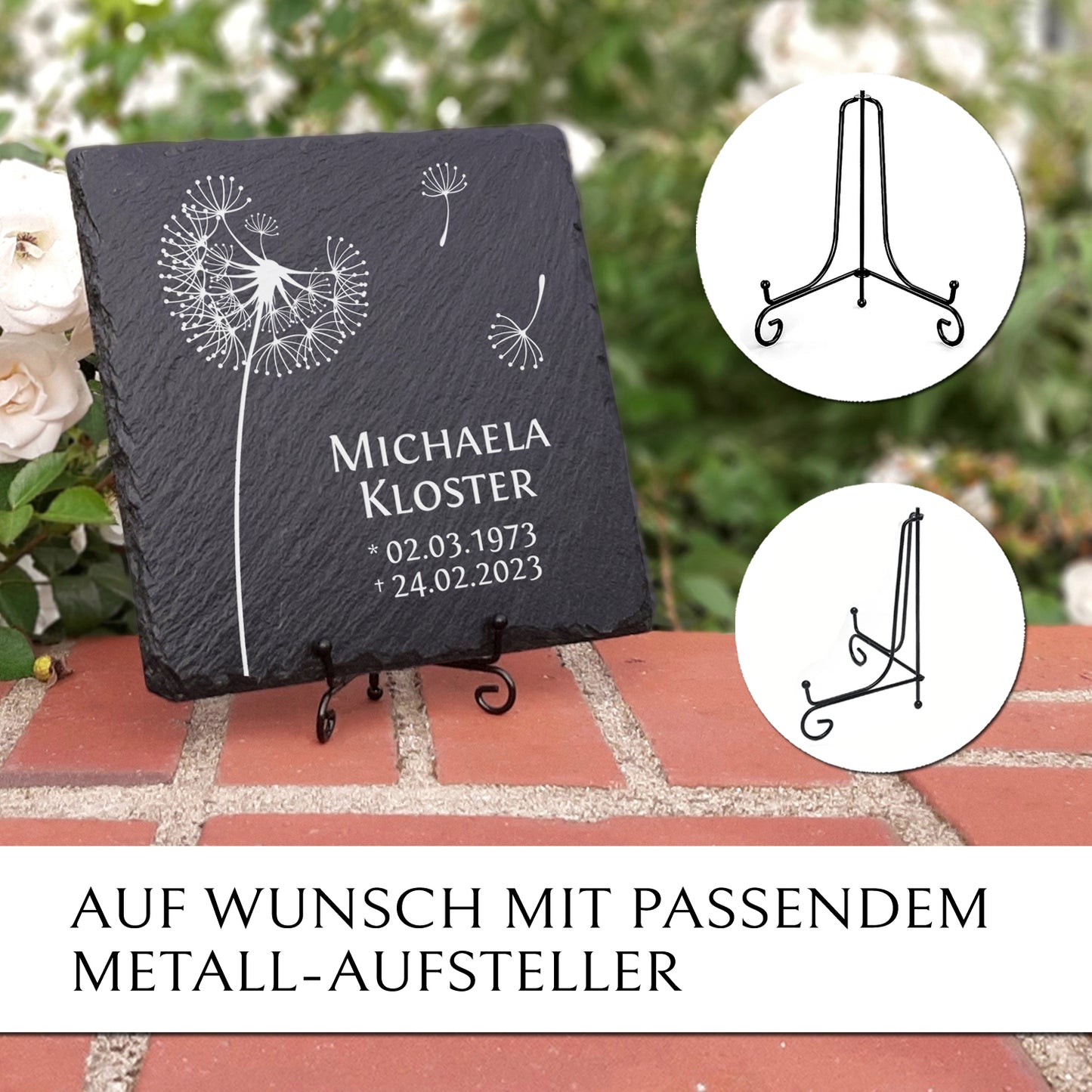 Grabplatte 20 x 20. Liegend oder stehend. Inkl. Pusteblume & Text. MEMORIAM.