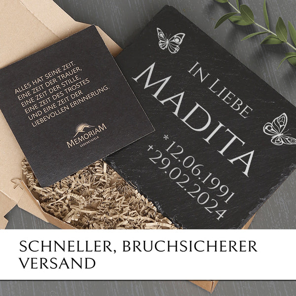 Laden Sie das Bild in den Galerie-Viewer, Gedenk- & Trauerstein 20x30 mit Schmetterling & Gravur online kaufen | MEMORIAM.