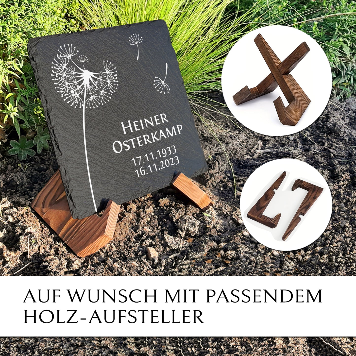 Grabplatte 25 x 25 cm mit Pusteblume Gravur & Inschrift von MEMORIAM.