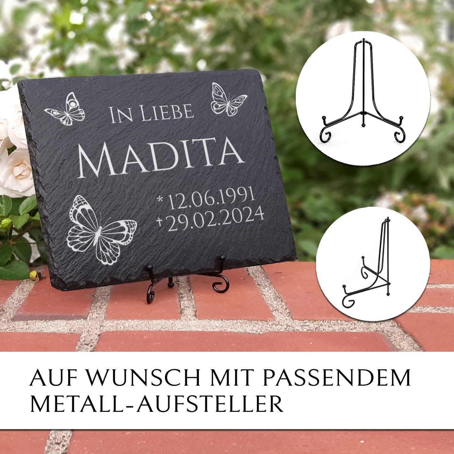 Gedenk- & Trauerstein 30x20 inkl. Schmetterling & Beschriftung | MEMORIAM.