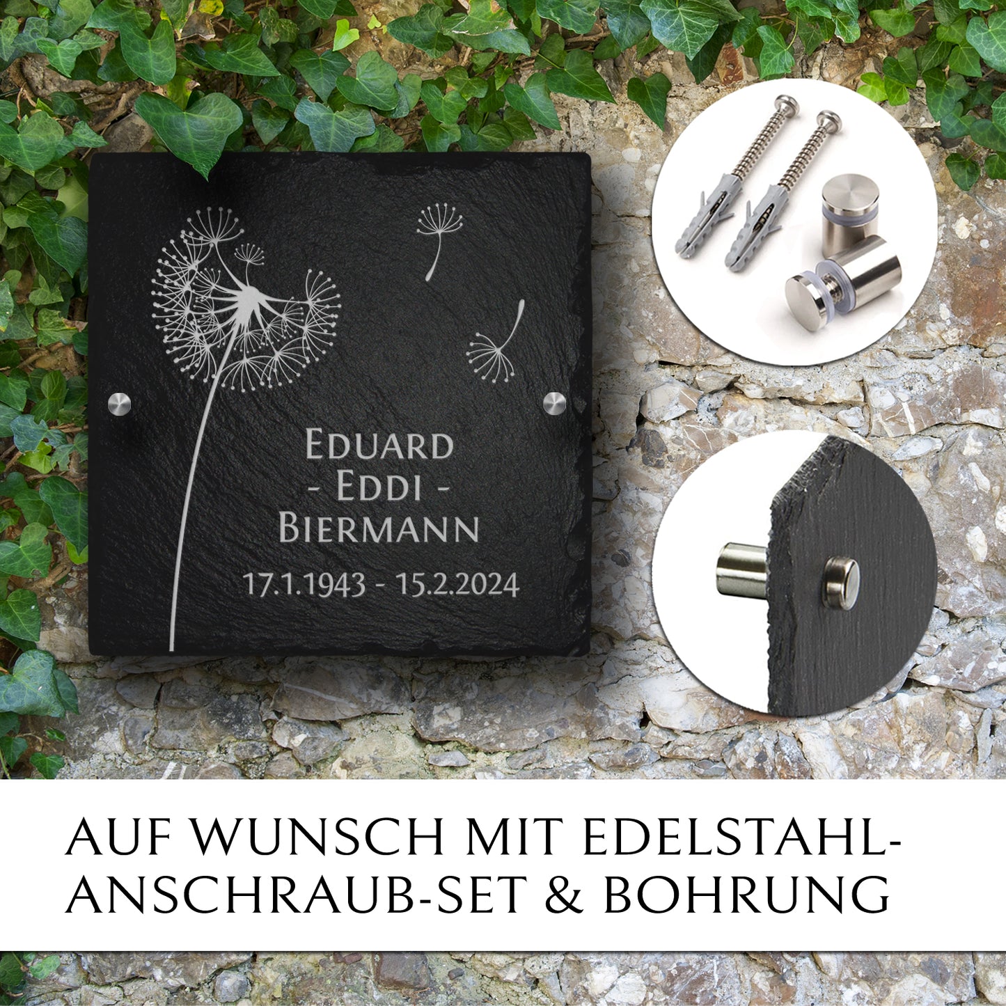 Grabplatte 30 x 30 für Einzel- oder Familiengrab. Inkl. Pusteblume & Text. MEMORIAM.