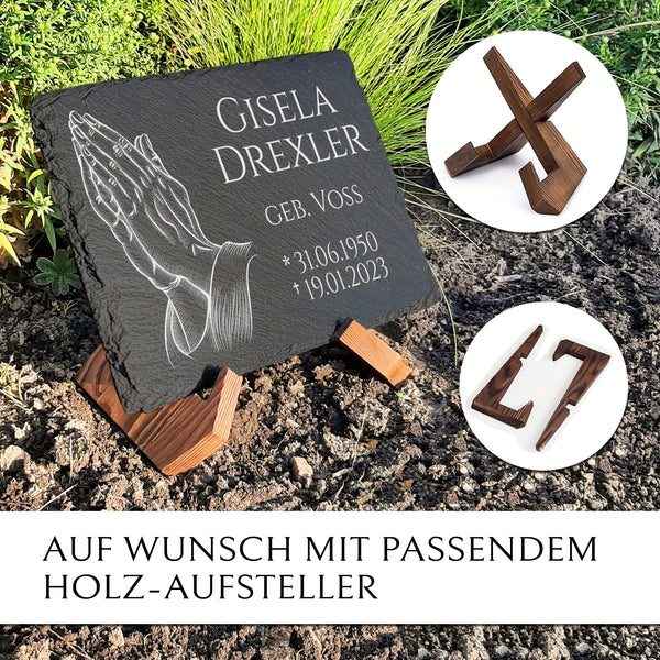 Laden Sie das Bild in den Galerie-Viewer, Grabplatte 30x40 cm “Betende Haende“ & Beschriftung von MEMORIAM.