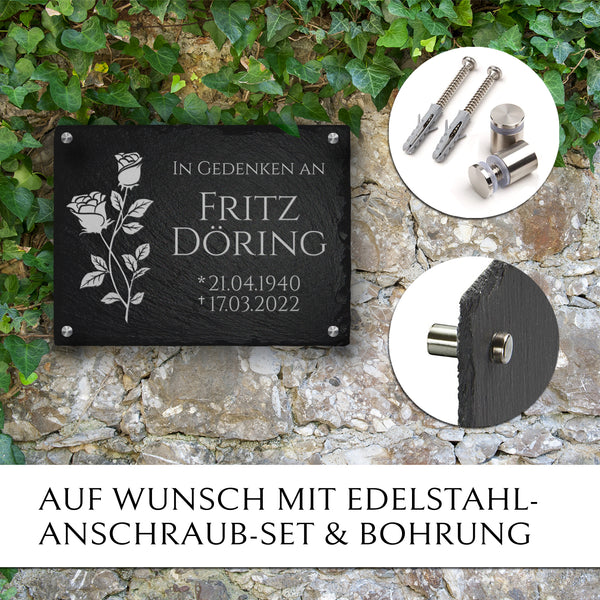 Laden Sie das Bild in den Galerie-Viewer, Grabplatte 40x30 cm mit Rose & Text von MEMORIAM.