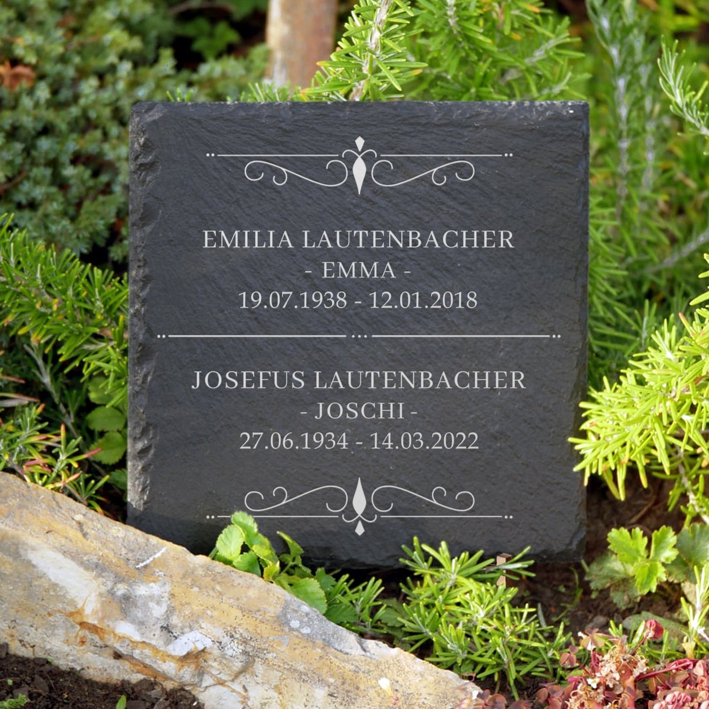 Kleine Familiengrab-Grabplatte in 20x20 cm und Doppel-Inschrift | MEMORIAM Gedenktafeln.