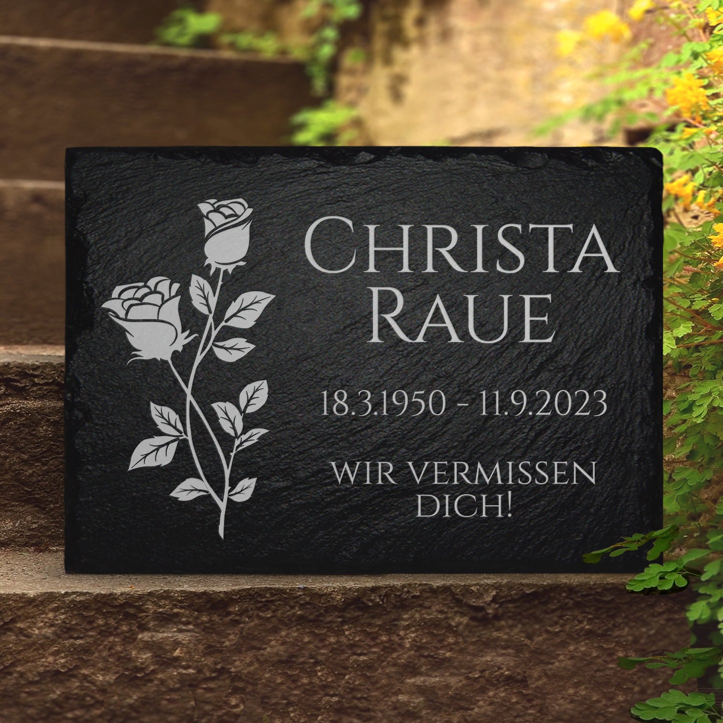 Grabplatte 40x30 mit Rose & Name online bestellen | MEMORIAM.