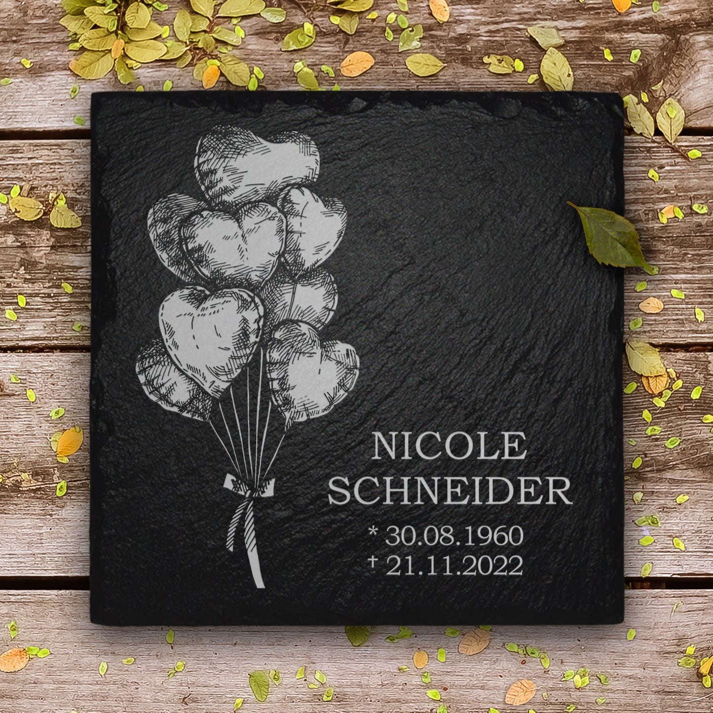Grabplatte für Urnengrab. Aus Schiefer mit Ballon & Inschrift. MEMORIAM.