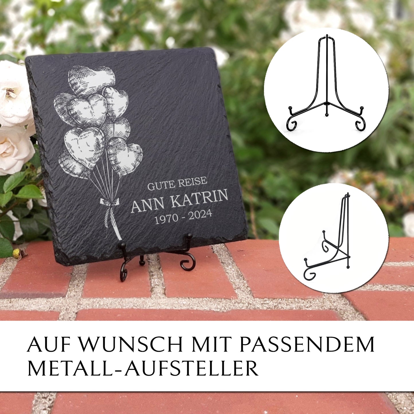 Grabplatte für Urnengrab. Aus Schiefer mit Ballon Gravur. MEMORIAM.