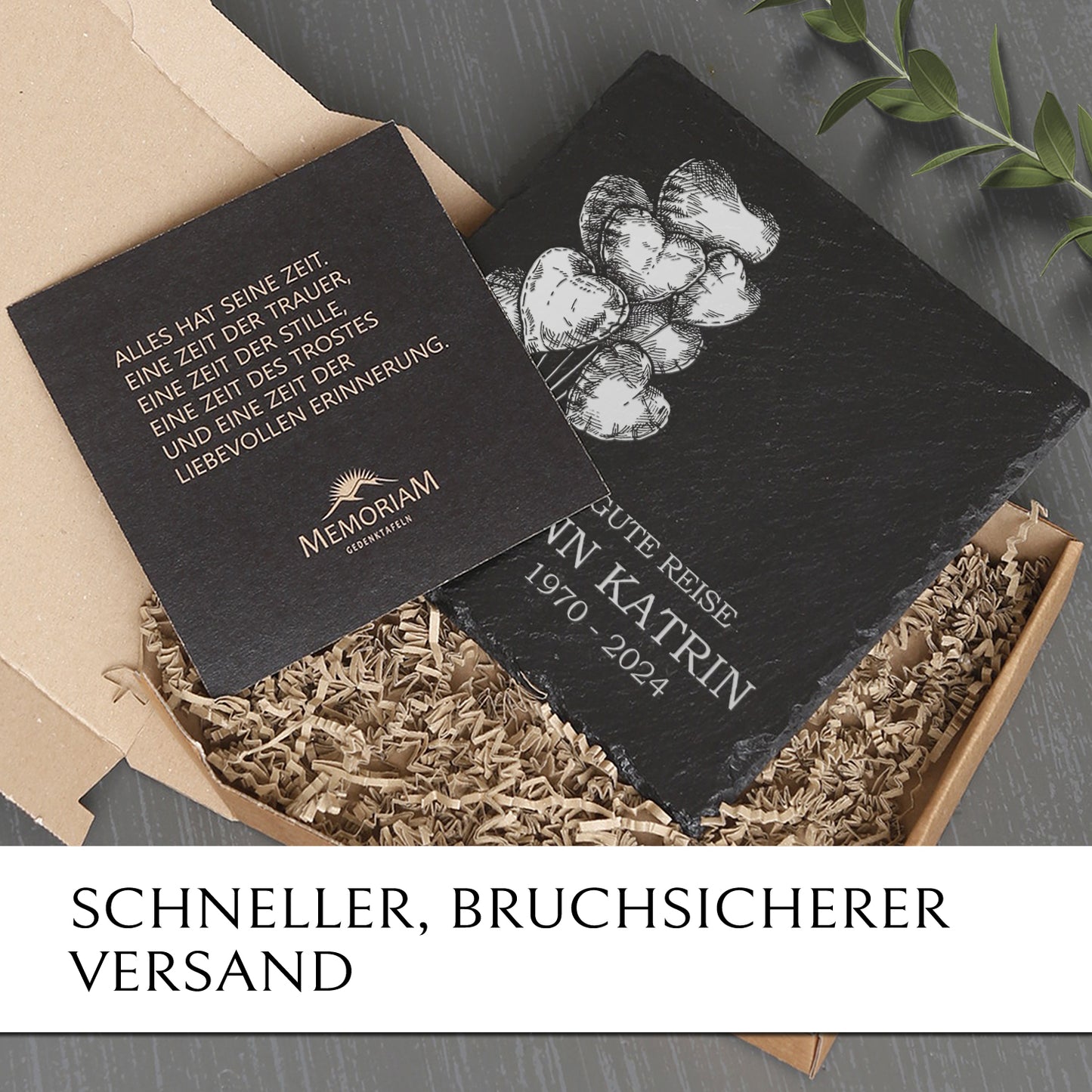 Grabplatte aus Schiefer für Urnengrab. Inkl. Ballon Gravur online kaufen. MEMORIAM.