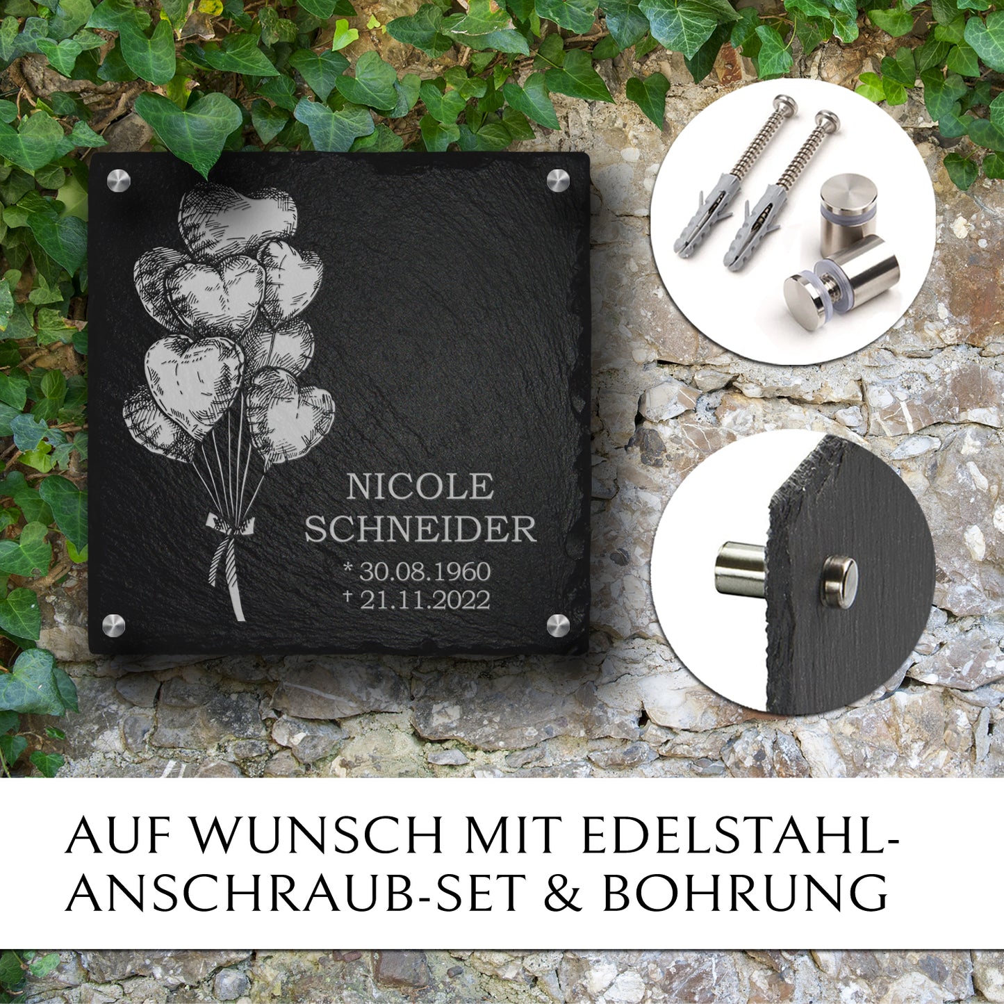 Grabplatte für Urnengrab. Aus Schiefer mit Ballon & Text. MEMORIAM.