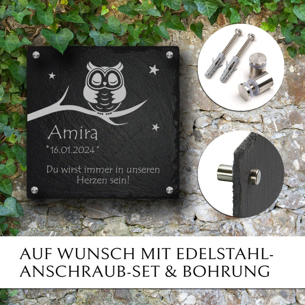 Sternenkinder Gedenktafel "Eule" mit Anschraub-Set zur Wand-Montage | MEMORIAM Gedenktafeln
