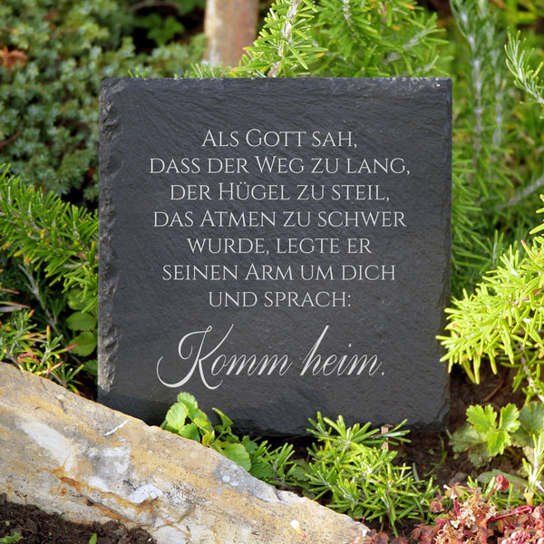 Laden Sie das Bild in den Galerie-Viewer, Moderner Grabschmuck Tafel aus Schiefer mit Trauerspruch von MEMORIAM.