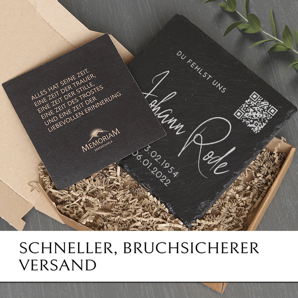 Laden Sie das Bild in den Galerie-Viewer, Grabstein Platte inkl. QR Code Gravur günstig online bestellen | MEMORIAM Gedenktafeln