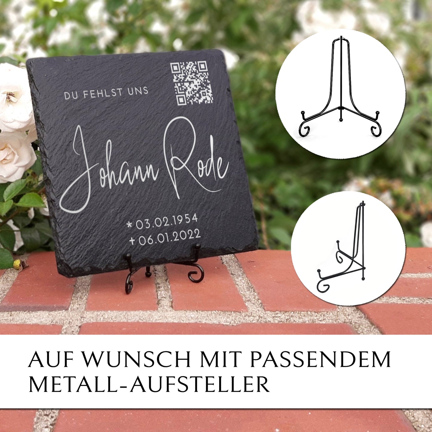 Grabstein Platte mit memorio QR-Code & Text Gravur von MEMORIAM Gedenktafeln