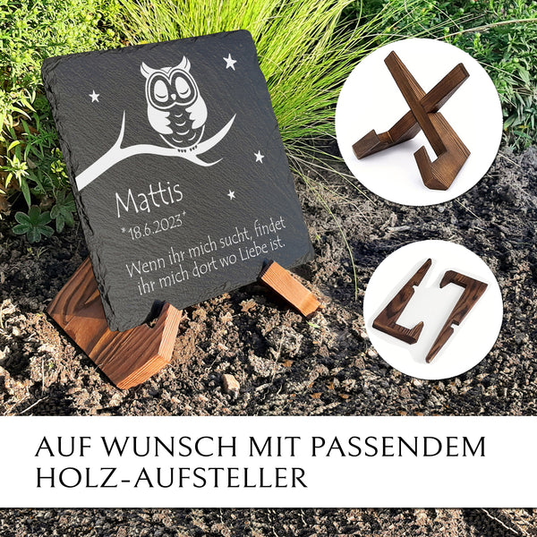 Laden Sie das Bild in den Galerie-Viewer, Sternenkind Grabtafel mit kleiner Eule Gravur und Inschrift - von MEMORIAM Gedenktafel.