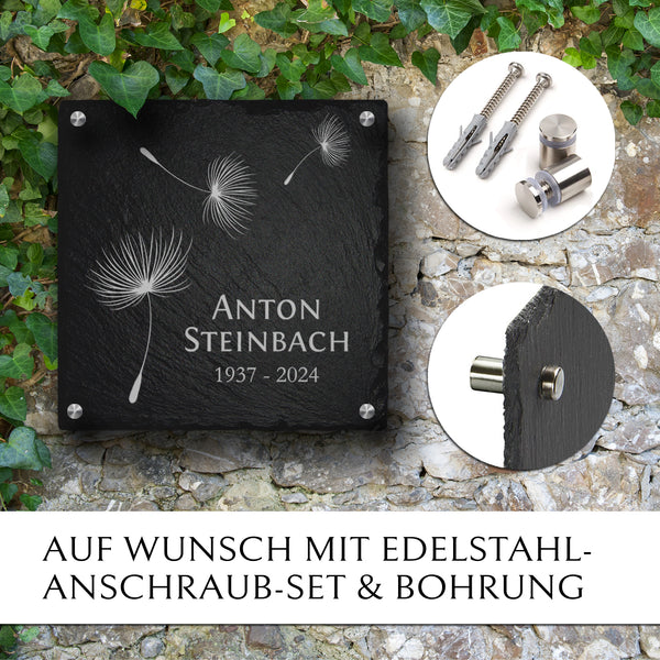 Laden Sie das Bild in den Galerie-Viewer, Grabstein Platte 30 x 30 für Einzel- oder Familiengrab. Inkl. Pusteblume & Text. MEMORIAM.