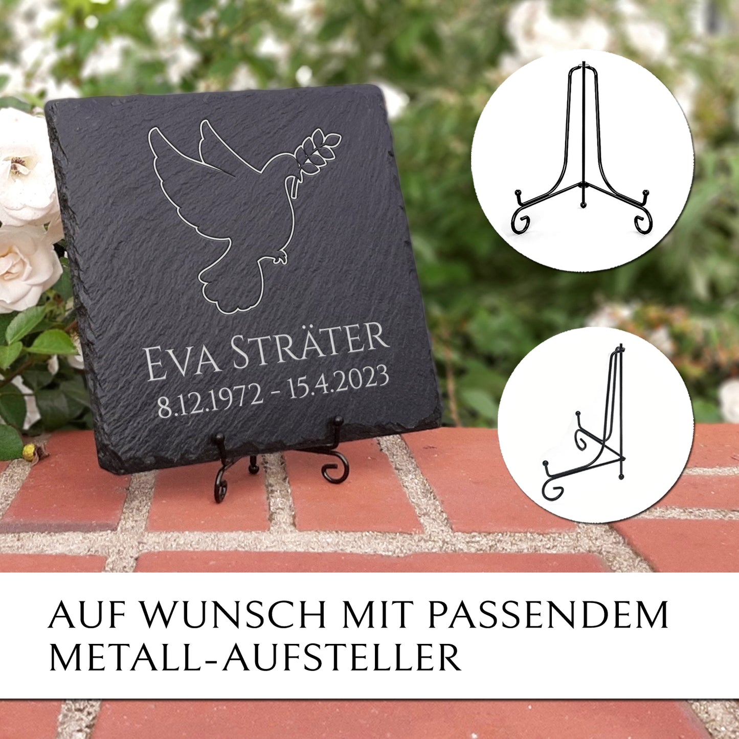 Grabsteinplatte 25x25 inkl. Friedenstaube & Beschriftung | MEMORIAM.