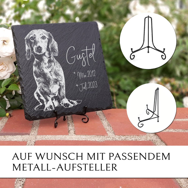 Laden Sie das Bild in den Galerie-Viewer, Hund Grabstein aus Schiefer mit Portrait | MEMORIAM