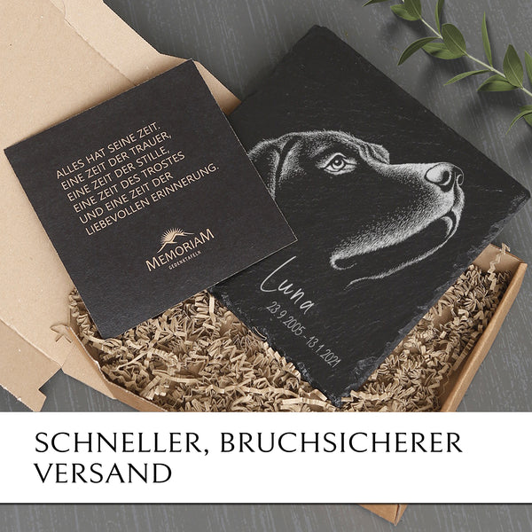 Laden Sie das Bild in den Galerie-Viewer, Grabstein für Hund inkl. Bild online bestellen bei MEMORIAM Gedenktafeln.