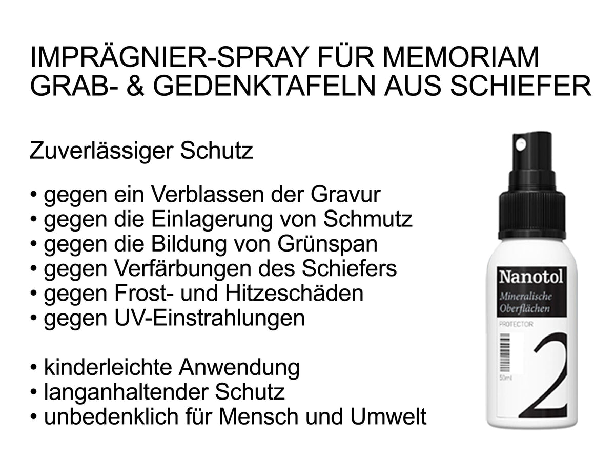 Imprägnier-Spray zum Schutz von Schiefer Grabplatten und Gedenktafel von Memoriam.
