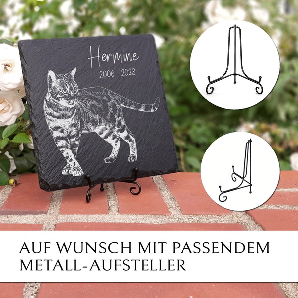 Laden Sie das Bild in den Galerie-Viewer, Katzen Grabstein aus Schiefer mit Portrait | MEMORIAM