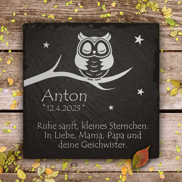 Sternenkind Gedenktafel mit kleiner Eule, Name und Widmung - von MEMORIAM Gedenktafel.