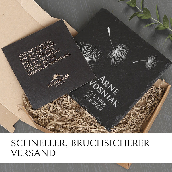 Laden Sie das Bild in den Galerie-Viewer, Schiefer Grabstein Platte “Pusteblume“ preiswert online kaufen mit MEMORIAM.