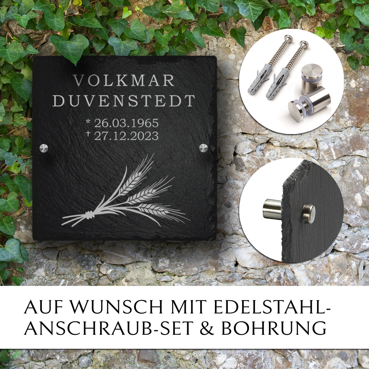 Grabsteinplatte “Ähre“ 30x30 für Erd- & Urnengrab von MEMORIAM.