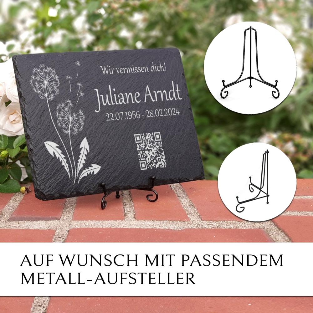Kleiner Grabstein mit QR-Code, Pusteblume & Text Gravur von MEMORIAM Gedenktafeln