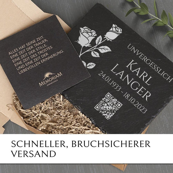 Laden Sie das Bild in den Galerie-Viewer, Schiefer Grabplatte inkl. QR Code & Rosen Gravur günstig online bestellen. MEMORIAM