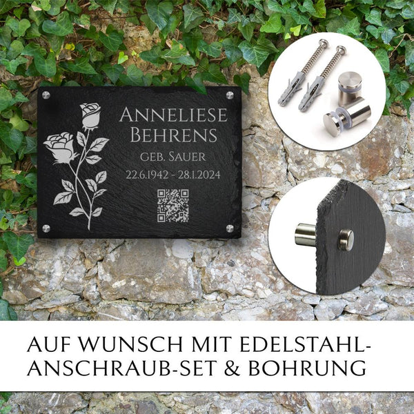 Laden Sie das Bild in den Galerie-Viewer, Schiefer Grabplatte mit QR-Code Gravur für Erinnerungsseite online kaufen bei MEMORIAM