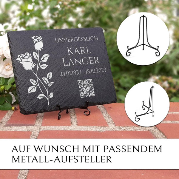 Laden Sie das Bild in den Galerie-Viewer, Schiefer Grabplatte mit QR-Code, Rosen & Text Gravur von MEMORIAM Gedenktafeln