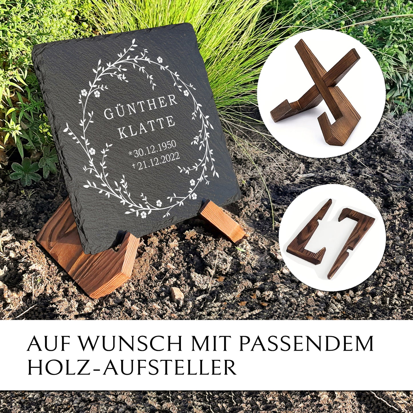 Liegeplatte für Erd- und Urnengrab. 25x25 cm mit Weidekranz Gravur | MEMORIAM.