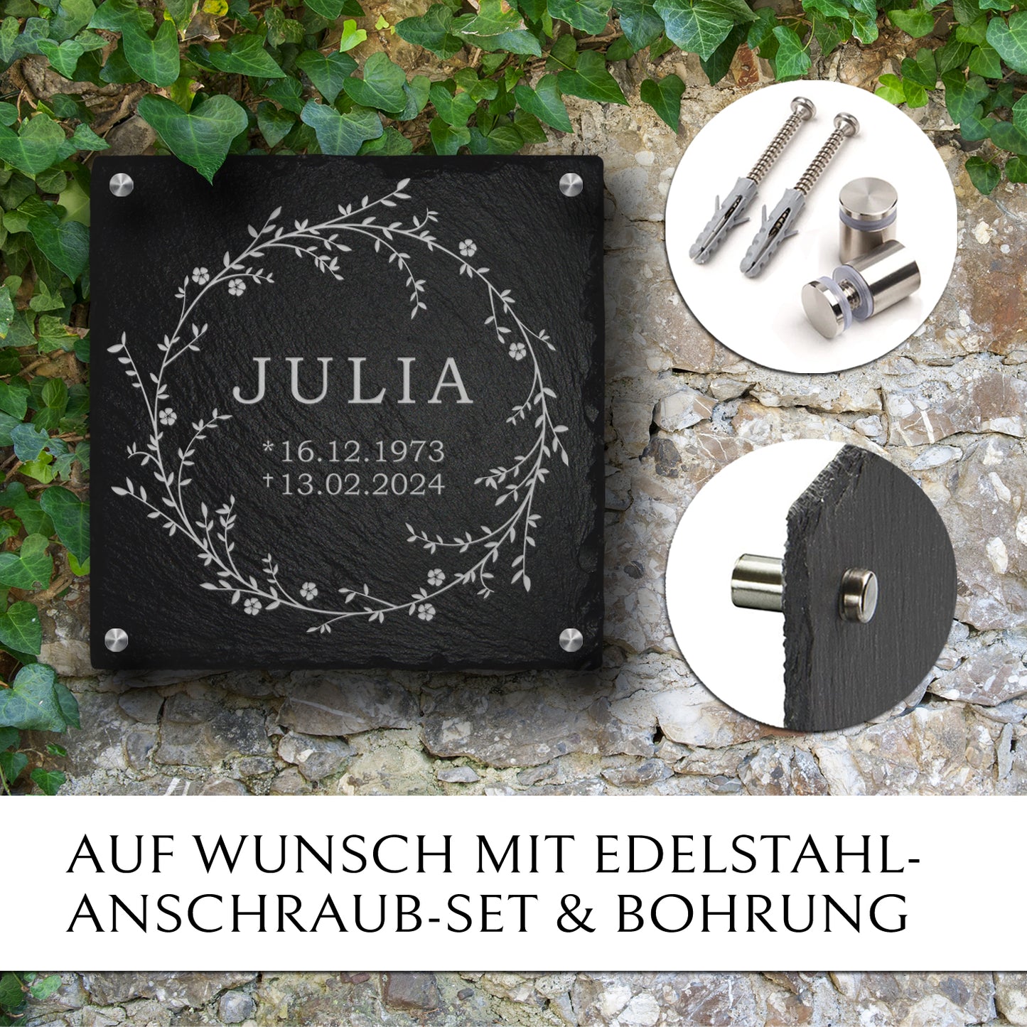 Liegeplatte für Erd- und Urnengrab. 30x30 cm mit Weidekranz Gravur | MEMORIAM.