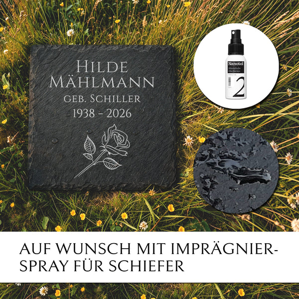 Kleine Gedenktafel für Familiengrab in 20x20 cm mit Rosen Design und Inschrift | Von MEMORIAM