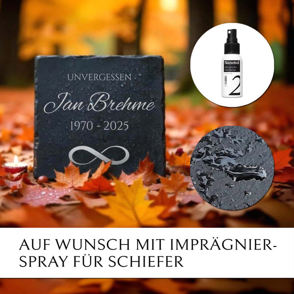 Pflegeleichte Schiefer-Grabplatte mit Unendlichkeitssymbol von MEMORIAM Gedenktafeln.