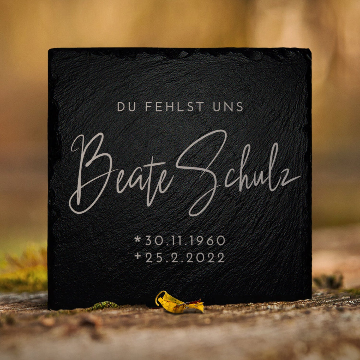 Grabplatte Urnengrab. Aus Schiefer mit Inschrift nach Wunsch. MEMORIAM Gedenktafeln.