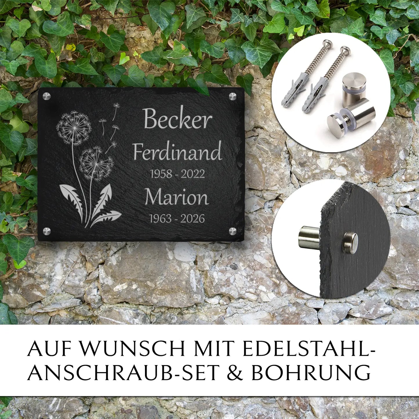 Familiengrab Grabplatte Pusteblume  mit Wandmontage von MEMORIAM Gedenktafeln.