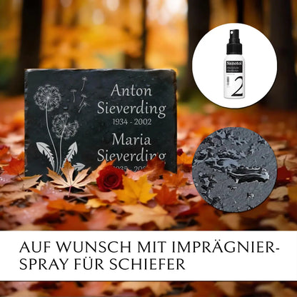 Familiengrab Grabplatte Pusteblume aus wetterfestem Schiefer von MEMORIAM Gedenktafeln.