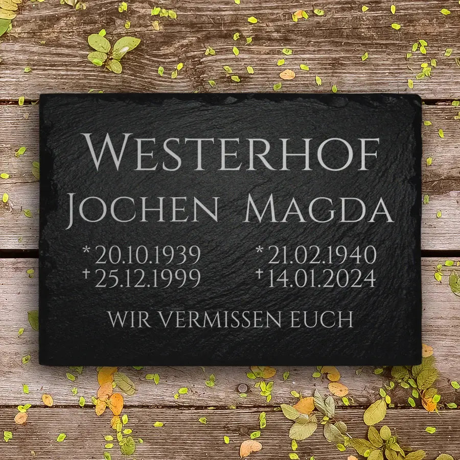 Familiengrab Grabplatte 40x30 cm. Aus Schiefer mit Inschrift. Von MEMORIAM Gedenktafeln.