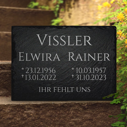 Familiengrab Grabplatte 20x30 oder 30x40 cm. Aus Schiefer mit doppelter Inschrift. Von MEMORIAM Gedenktafeln.