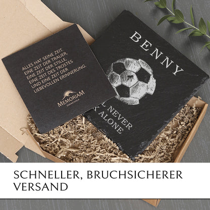 Gedenk- & Trauerstein aus Schiefer mit Fussball Gravur online kaufen | MEMORIAM.