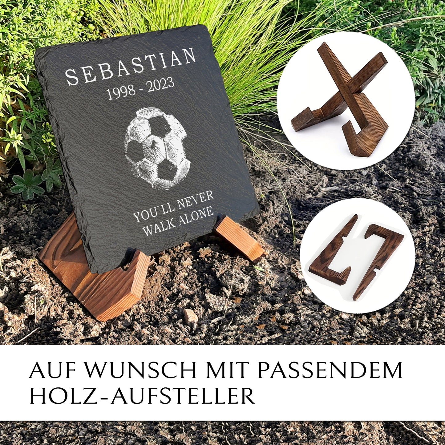 Gedenk- & Trauerstein mit Fussball Gravur und Text nach Wunsch | MEMORIAM.