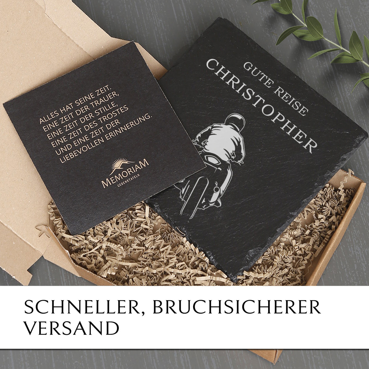 Gedenk- & Trauerstein aus Schiefer mit Biker Gravur online kaufen | MEMORIAM.